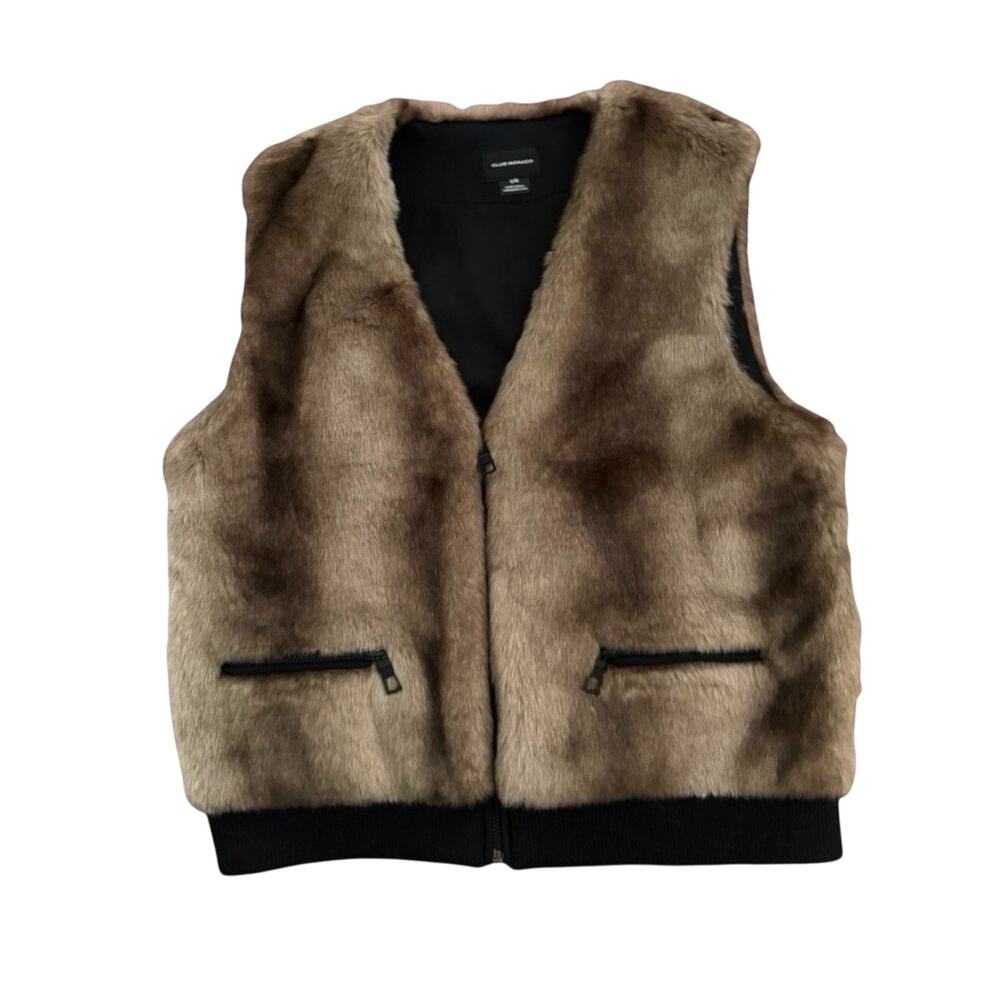 Club Monaco Natasha Faux Fur Bomber Vest Women's Large Brown Soft Sporty Layer